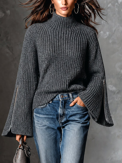 ElevenOra Chic Elegant Gray Turtleneck Long-Flare-Sleeve Decorative Zippers Loose-Fit Wool Blend Ribbed Knit Sweater