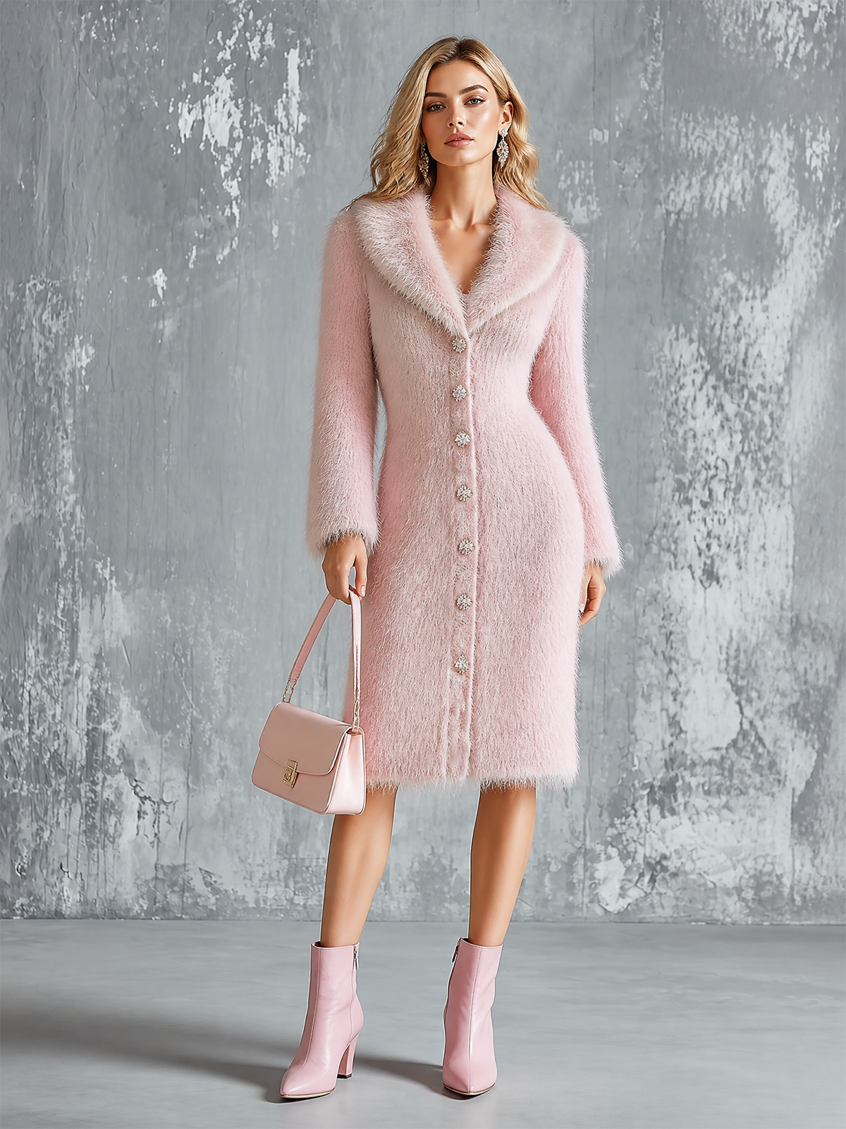 ElevenOra Chic Elegant Pink Notched Lapel Single-Breasted Long-Sleeve A-Line Fuzzy Knit Midi Dress
