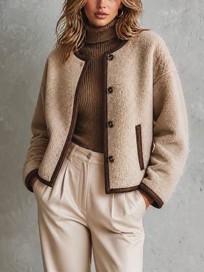 ElevenOra Chic Casual Oat Beige Round-Neck Single-Breasted Contrast Trim Long-Sleeve Loose-Fit Woven Fabric Jacket
