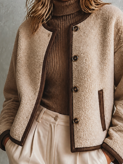 ElevenOra Chic Casual Oat Beige Round-Neck Single-Breasted Contrast Trim Long-Sleeve Loose-Fit Woven Fabric Jacket