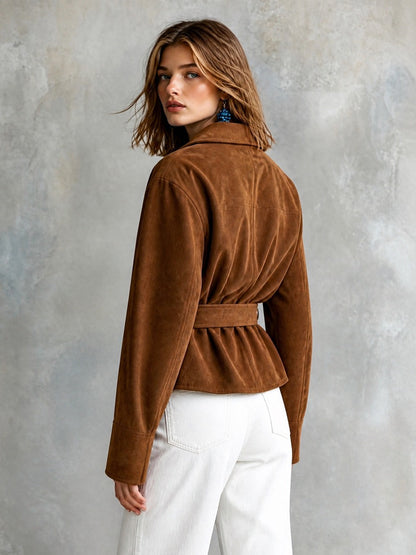 Chic Elegantní Hnědá Semišová Bunda do Pasu s Klopami a Páskem (Volný Střih, Imitace Semiše