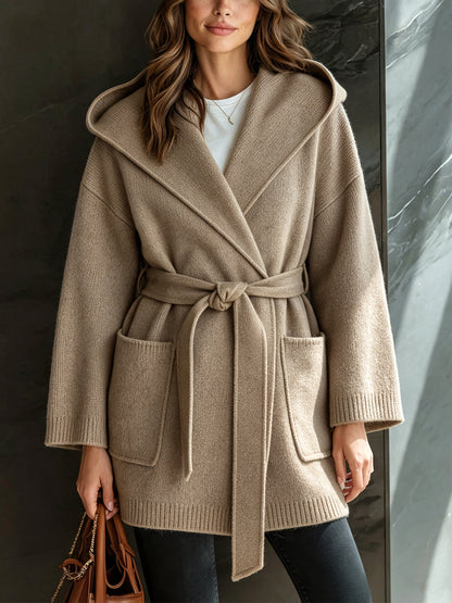 ElevenOra Chic Elegant Light Camel Hooded Collar Long-Sleeve Open-Front Belted Patch Pockets Loose-Fit Wool Blend Knit Cardigan
