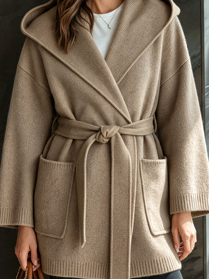 ElevenOra Chic Elegant Light Camel Hooded Collar Long-Sleeve Open-Front Belted Patch Pockets Loose-Fit Wool Blend Knit Cardigan