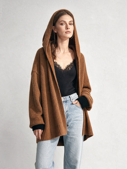 ElevenOra Chic Casual Brown-Black Colorblock Hooded Collar Long-Sleeve Open-Front Loose-Fit Wool Blend Knit Cardigan