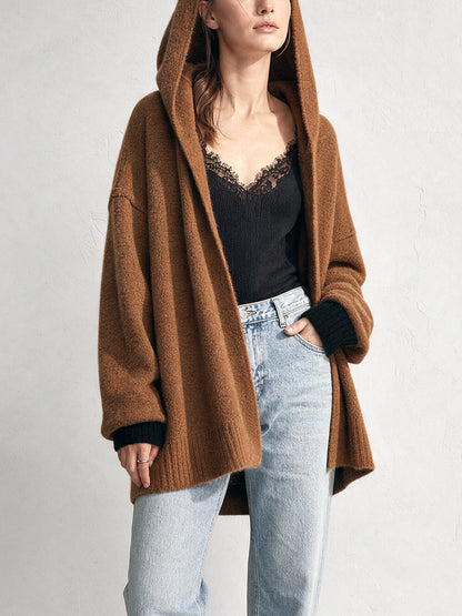 ElevenOra Chic Casual Brown-Black Colorblock Hooded Collar Long-Sleeve Open-Front Loose-Fit Wool Blend Knit Cardigan