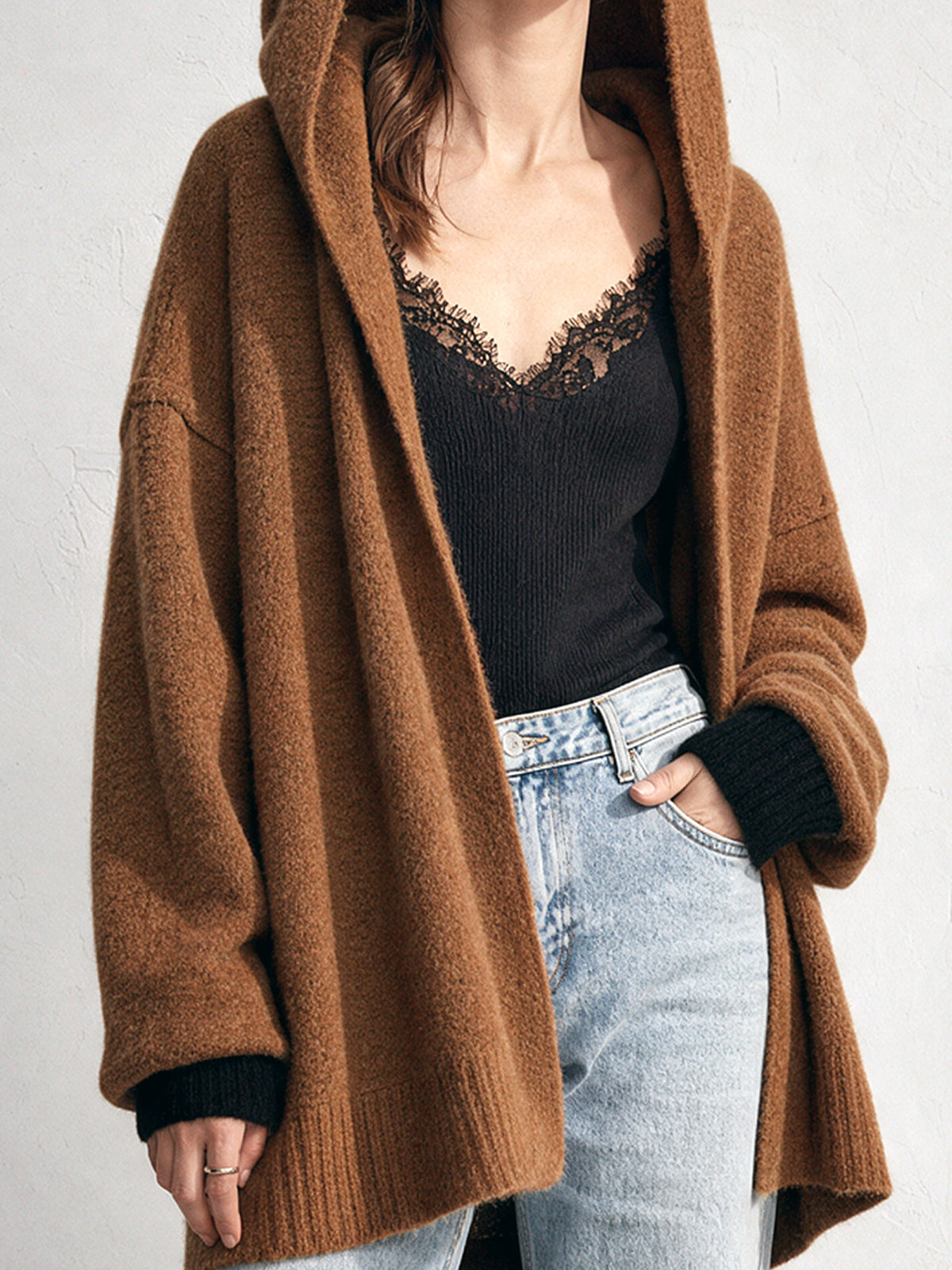 ElevenOra Chic Casual Brown-Black Colorblock Hooded Collar Long-Sleeve Open-Front Loose-Fit Wool Blend Knit Cardigan