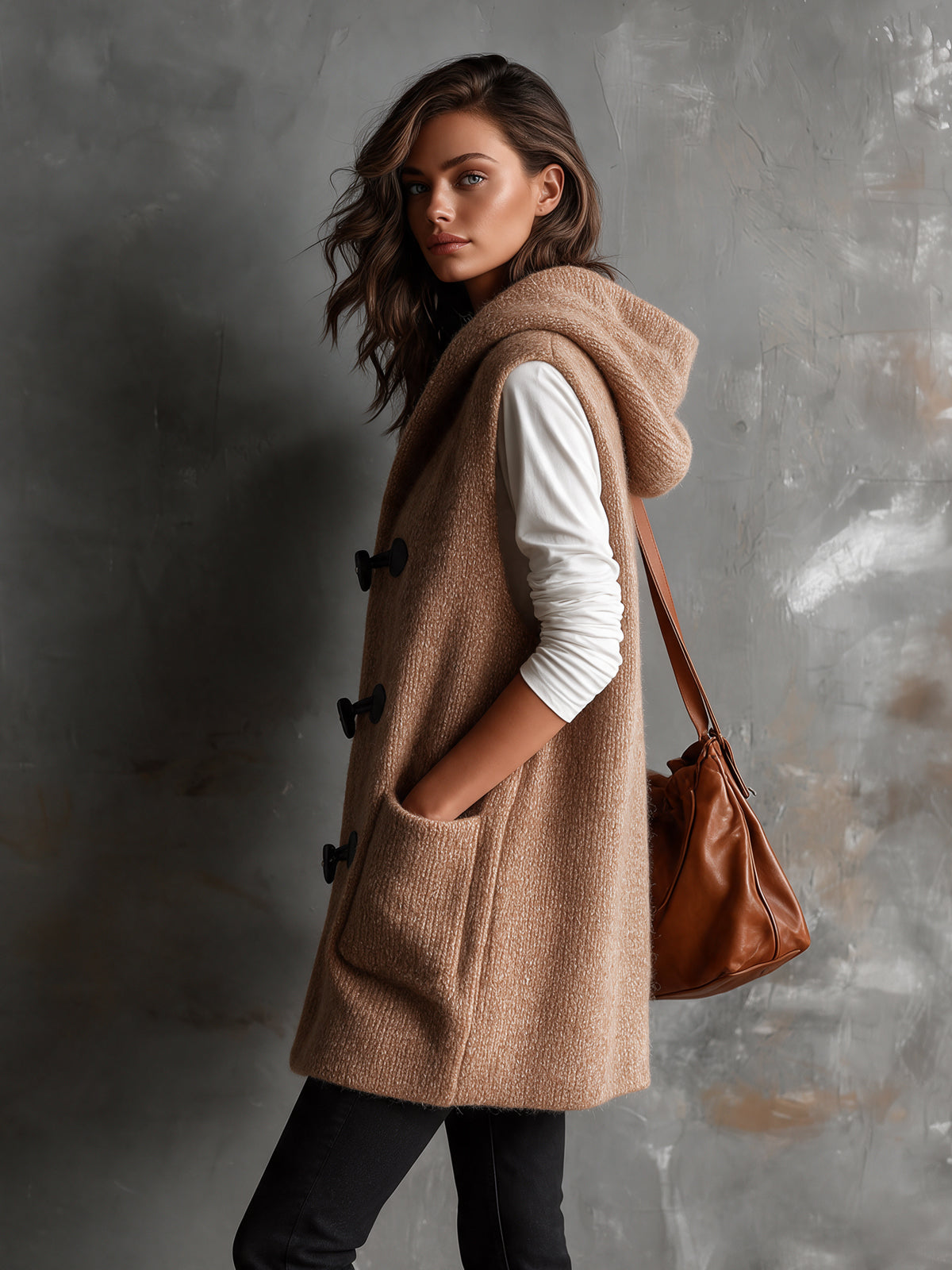 ElevenOra Chic Casual Camel Hooded Collar Toggle Buttons Patch Pockets Loose-Fit Wool Blend Knit Vest