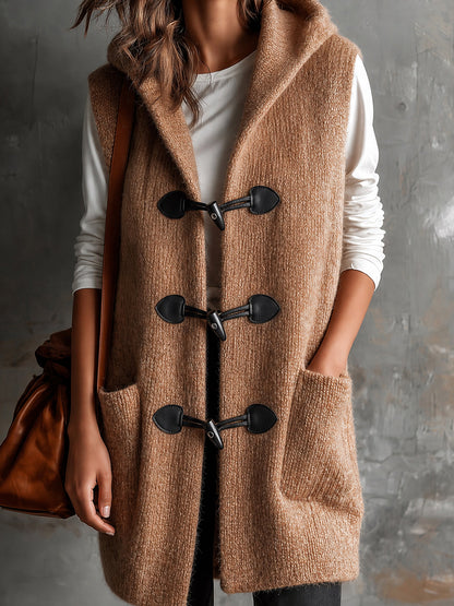 ElevenOra Chic Casual Camel Hooded Collar Toggle Buttons Patch Pockets Loose-Fit Wool Blend Knit Vest