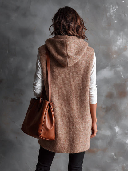 ElevenOra Chic Casual Camel Hooded Collar Toggle Buttons Patch Pockets Loose-Fit Wool Blend Knit Vest