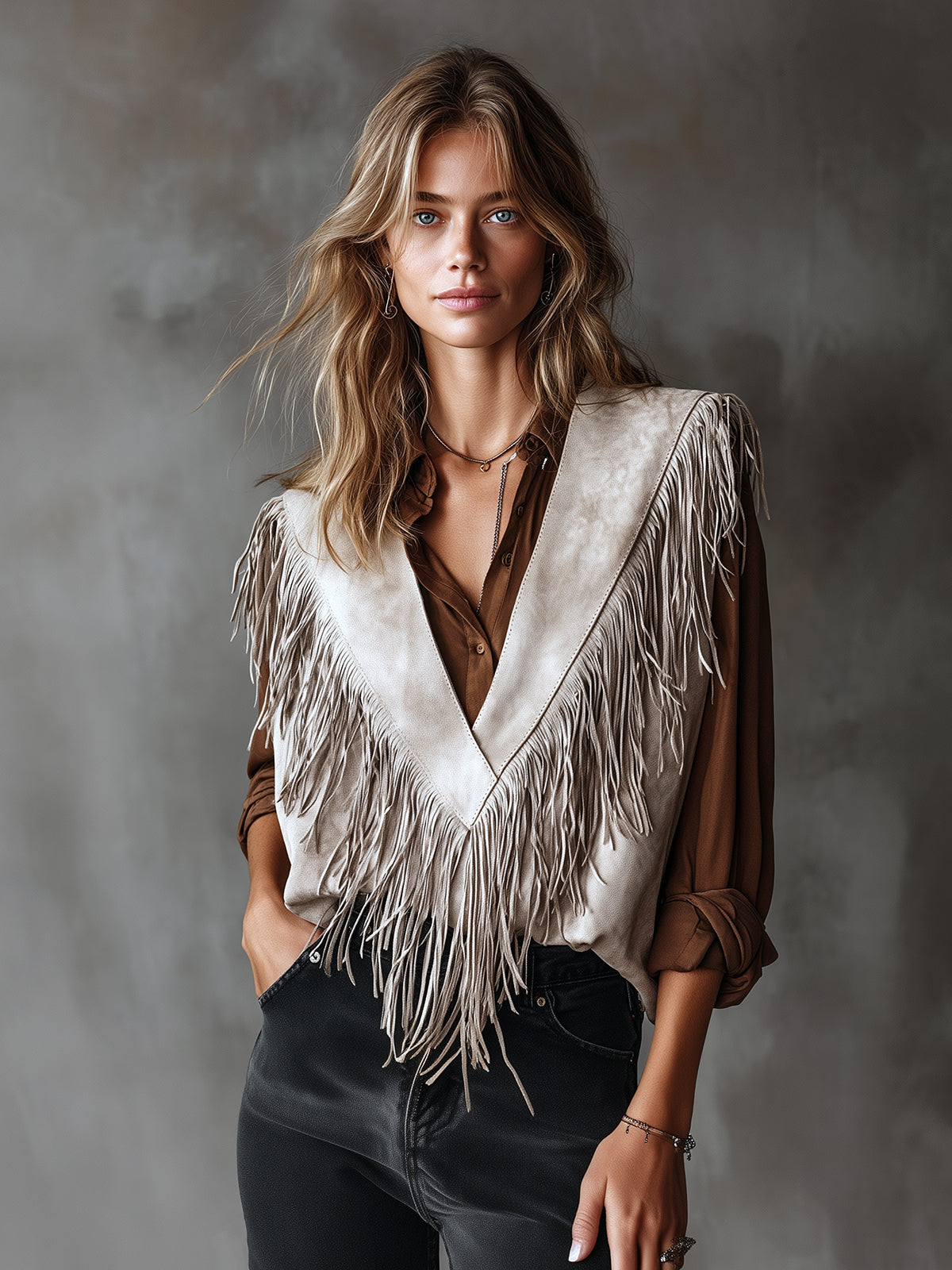 ElevenOra Chic Casual Light Gray Faux Suede V-Neck SleevelessFringe Detail Loose-Fit Vest