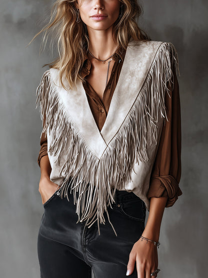 ElevenOra Chic Casual Light Gray Faux Suede V-Neck SleevelessFringe Detail Loose-Fit Vest