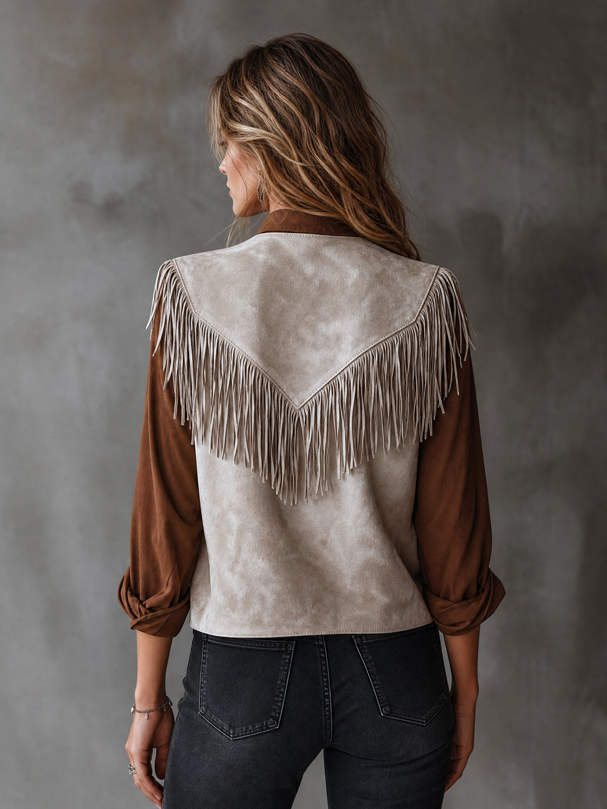 ElevenOra Chic Casual Light Gray Faux Suede V-Neck SleevelessFringe Detail Loose-Fit Vest