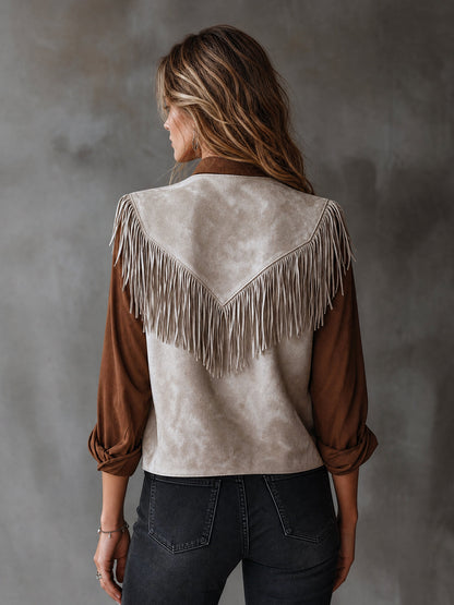 ElevenOra Chic Casual Light Gray Faux Suede V-Neck SleevelessFringe Detail Loose-Fit Vest