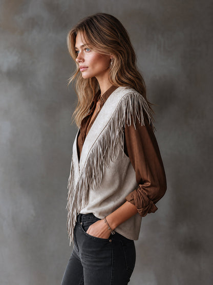 ElevenOra Chic Casual Light Gray Faux Suede V-Neck SleevelessFringe Detail Loose-Fit Vest