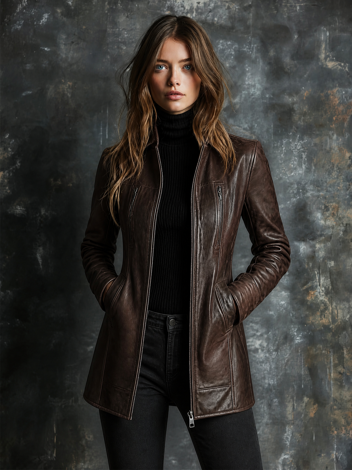 ElevenOra Chic Elegant Dark Brown Faux Leather Stand Collar Zip‑Up Long-Sleeve Zipper Pocket Slim-Fit Coat