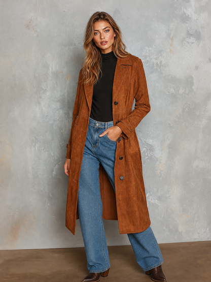 ElevenOra Chic Elegant Caramel Notched Lapel Double Breasted Long-Sleeve Loose-Fit Faux Suede Trench Coat