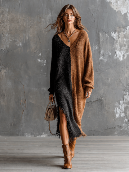 ElevenOra Chic Elegant Black-Brown Colorblock V-Neck Long-Sleeve Fringe Hem Loose-Fit Side Slit Knit Maxi Dress