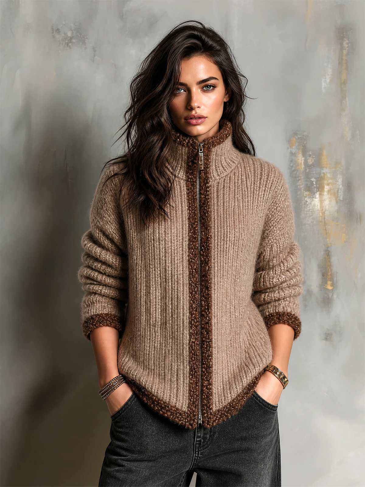 ElevenOra Chic Elegant Camel Stand Collar Zip‑Up Contrast Sherpa Trim Long-Sleeve Loose-Fit Knit Cardigan Top