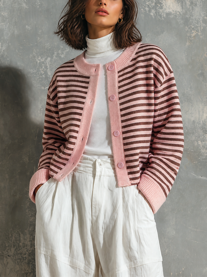 ElevenOra Chic Elegant Pink-Brown Stripes Round-Neck Single-Breasted Long-Sleeve Loose-Fit Knit Cardigan Top