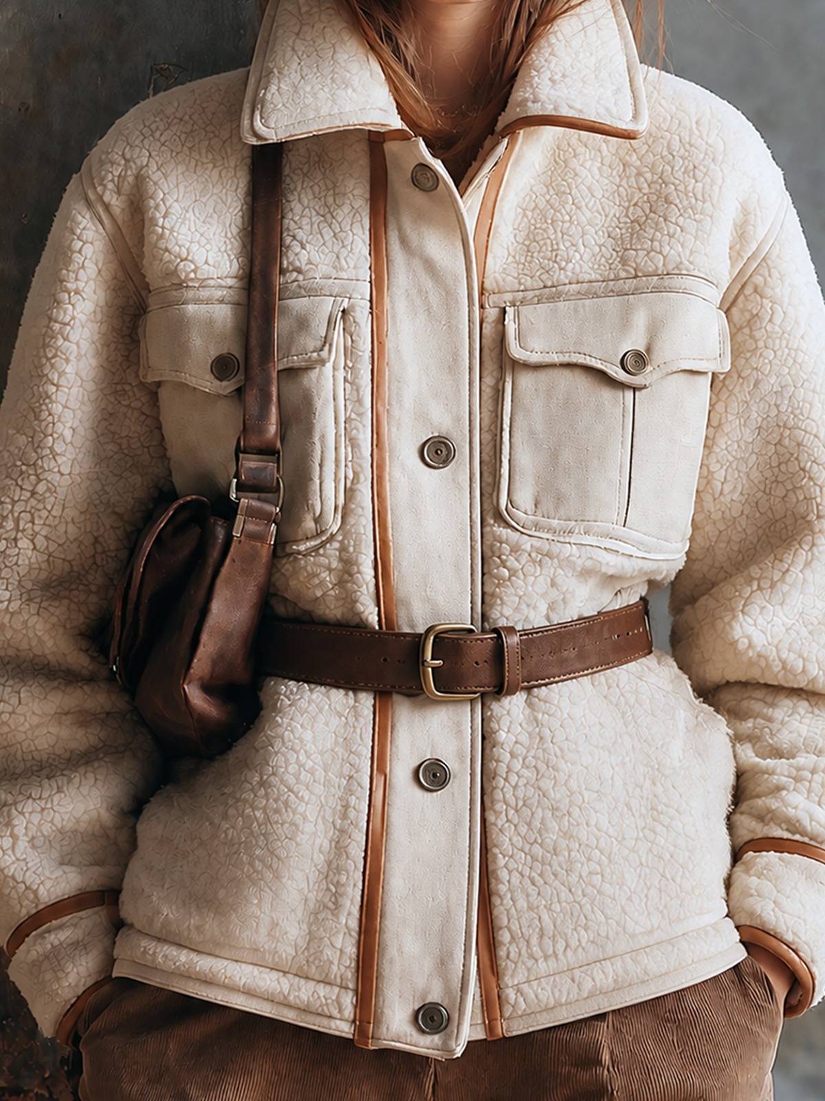 ElevenOra Chic Casual Off-White Stand Collar Front Button Cosure Contrast Trim Flap Pocket Long-Sleeve Waist Belt Loose-Fit Sherpa Fleece Jacket