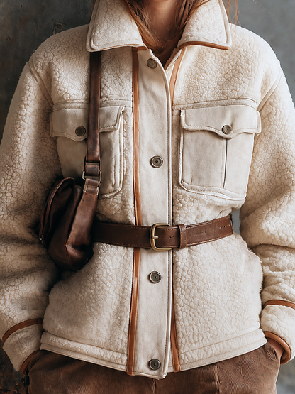 ElevenOra Chic Casual Off-White Stand Collar Front Button Cosure Contrast Trim Flap Pocket Long-Sleeve Waist Belt Loose-Fit Sherpa Fleece Jacket