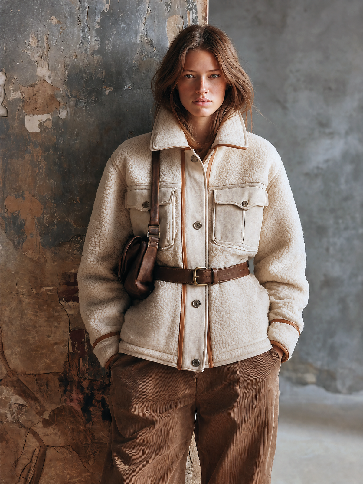 ElevenOra Chic Casual Off-White Stand Collar Front Button Cosure Contrast Trim Flap Pocket Long-Sleeve Waist Belt Loose-Fit Sherpa Fleece Jacket