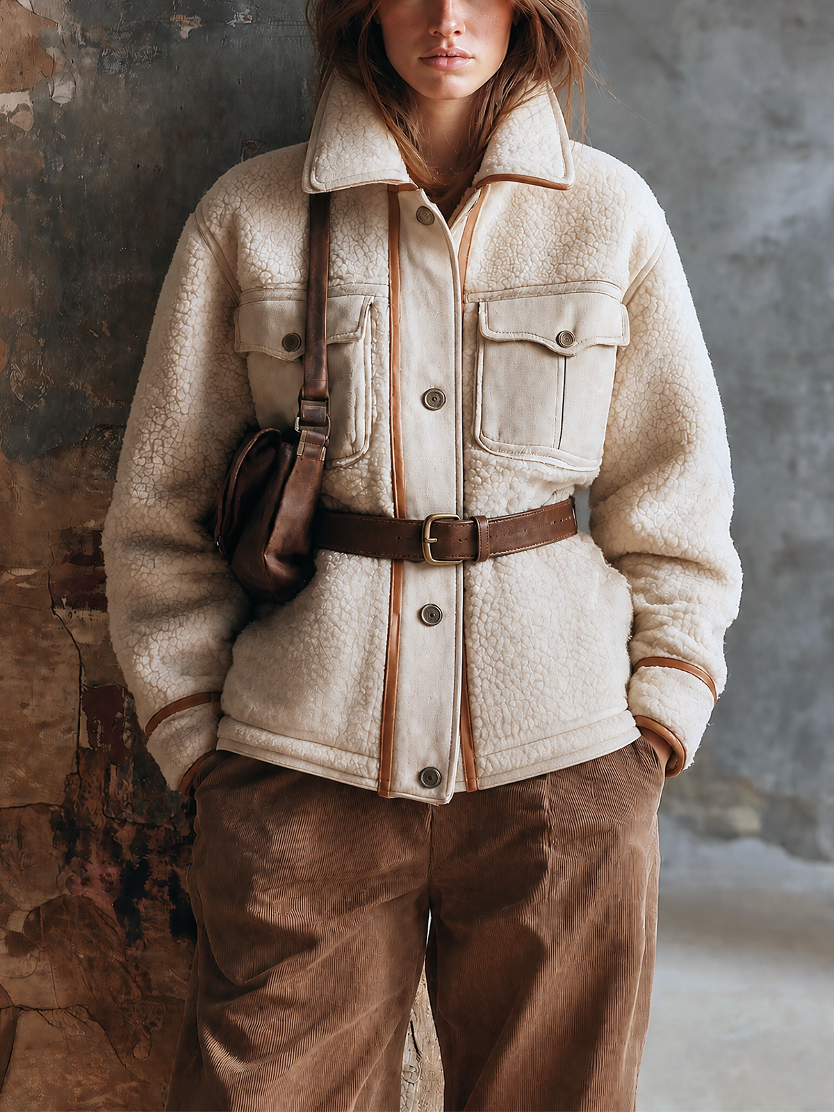 ElevenOra Chic Casual Off-White Stand Collar Front Button Cosure Contrast Trim Flap Pocket Long-Sleeve Waist Belt Loose-Fit Sherpa Fleece Jacket