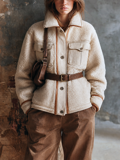 ElevenOra Chic Casual Off-White Stand Collar Front Button Cosure Contrast Trim Flap Pocket Long-Sleeve Waist Belt Loose-Fit Sherpa Fleece Jacket