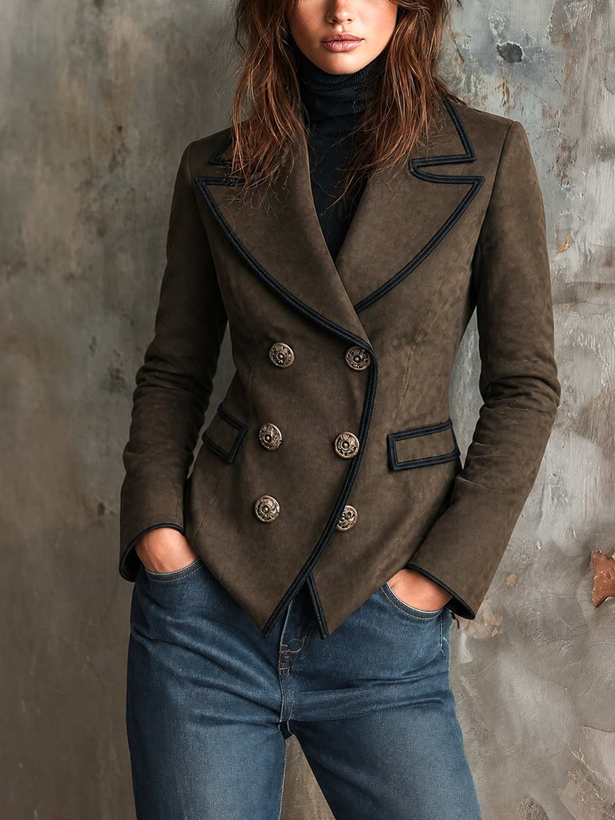 ElevenOra Chic Elegant Taupe Brown Peaked Lapel Double-Breasted Contrast Trim Long-Sleeve Flap Pockets Slim-Fit Faux Suede Blazer