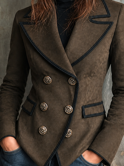 ElevenOra Chic Elegant Taupe Brown Peaked Lapel Double-Breasted Contrast Trim Long-Sleeve Flap Pockets Slim-Fit Faux Suede Blazer