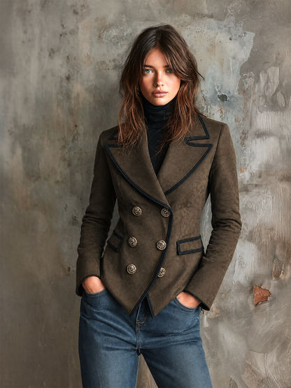ElevenOra Chic Elegant Taupe Brown Peaked Lapel Double-Breasted Contrast Trim Long-Sleeve Flap Pockets Slim-Fit Faux Suede Blazer