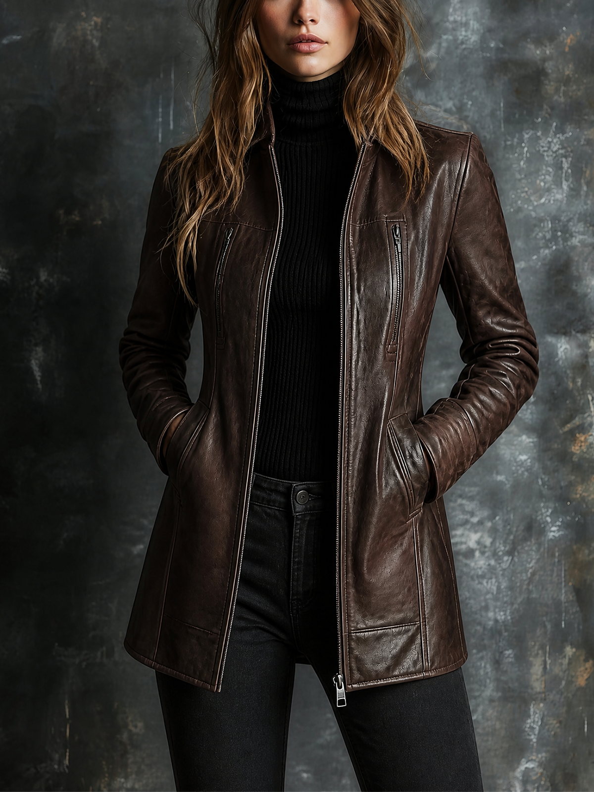 ElevenOra Chic Elegant Dark Brown Faux Leather Stand Collar Zip‑Up Long-Sleeve Zipper Pocket Slim-Fit Coat