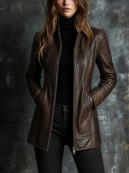 ElevenOra Chic Elegant Dark Brown Faux Leather Stand Collar Zip‑Up Long-Sleeve Zipper Pocket Slim-Fit Coat