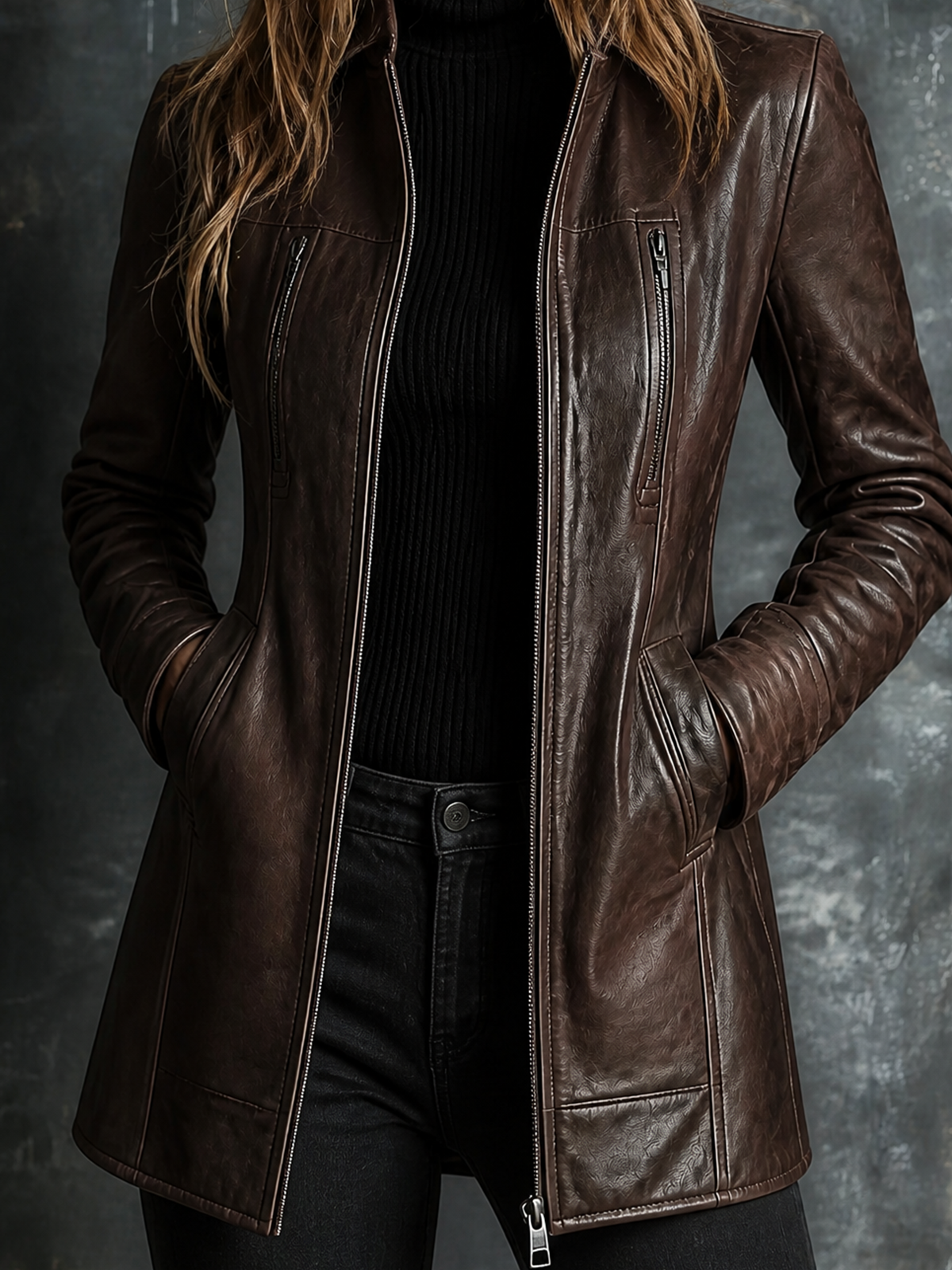 ElevenOra Chic Elegant Dark Brown Faux Leather Stand Collar Zip‑Up Long-Sleeve Zipper Pocket Slim-Fit Coat