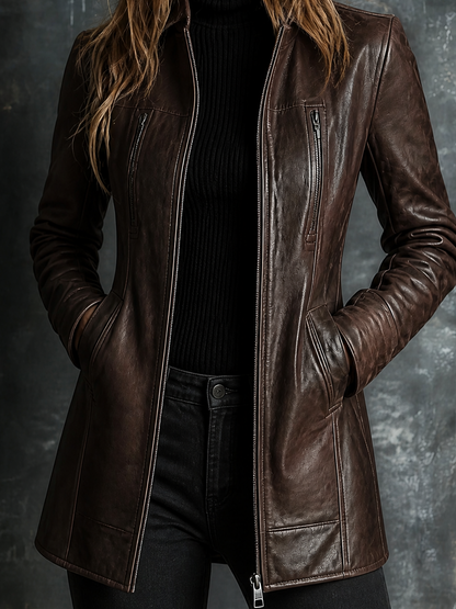 ElevenOra Chic Elegant Dark Brown Faux Leather Stand Collar Zip‑Up Long-Sleeve Zipper Pocket Slim-Fit Coat