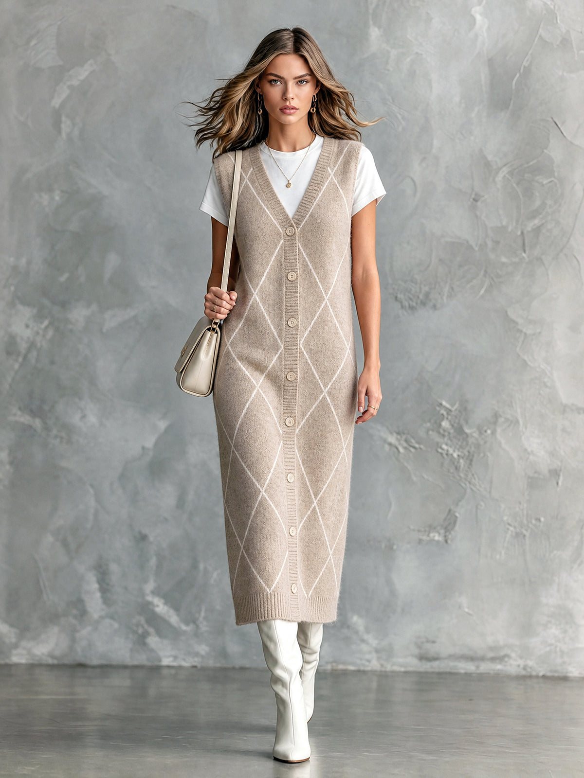 ElevenOra Chic Casual Oatmeal Argyle Pattern Jacquard V-Neck Sleeveless Single-Breasted Loose-Fit Wool Blend Knit Midi Dress