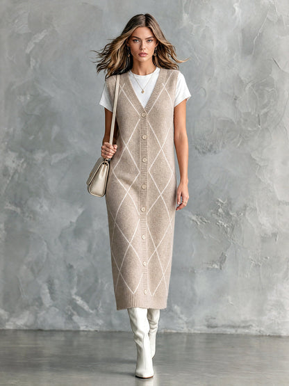 ElevenOra Chic Casual Oatmeal Argyle Pattern Jacquard V-Neck Sleeveless Single-Breasted Loose-Fit Wool Blend Knit Midi Dress