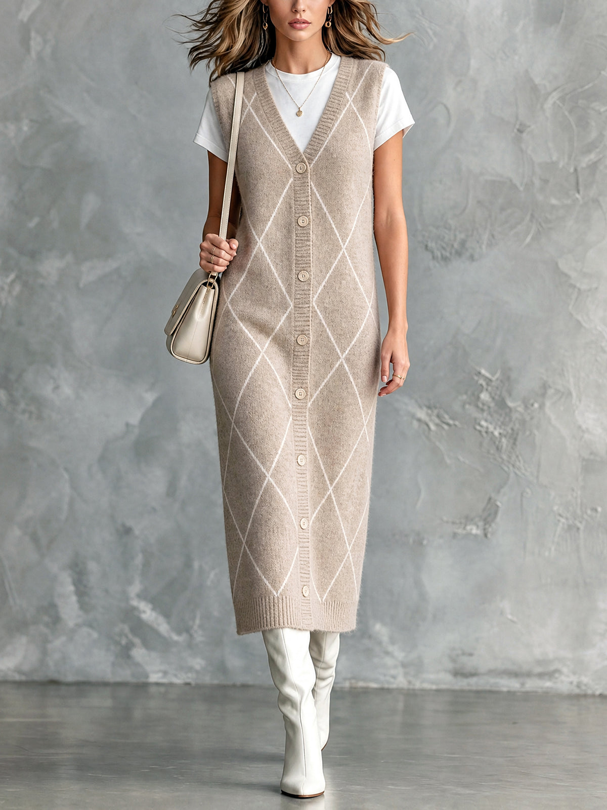 ElevenOra Chic Casual Oatmeal Argyle Pattern Jacquard V-Neck Sleeveless Single-Breasted Loose-Fit Wool Blend Knit Midi Dress