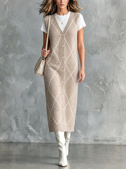 ElevenOra Chic Casual Oatmeal Argyle Pattern Jacquard V-Neck Sleeveless Single-Breasted Loose-Fit Wool Blend Knit Midi Dress