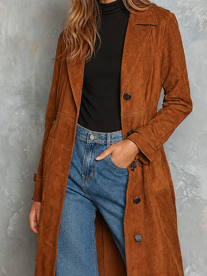 ElevenOra Chic Elegant Caramel Notched Lapel Double Breasted Long-Sleeve Loose-Fit Faux Suede Trench Coat