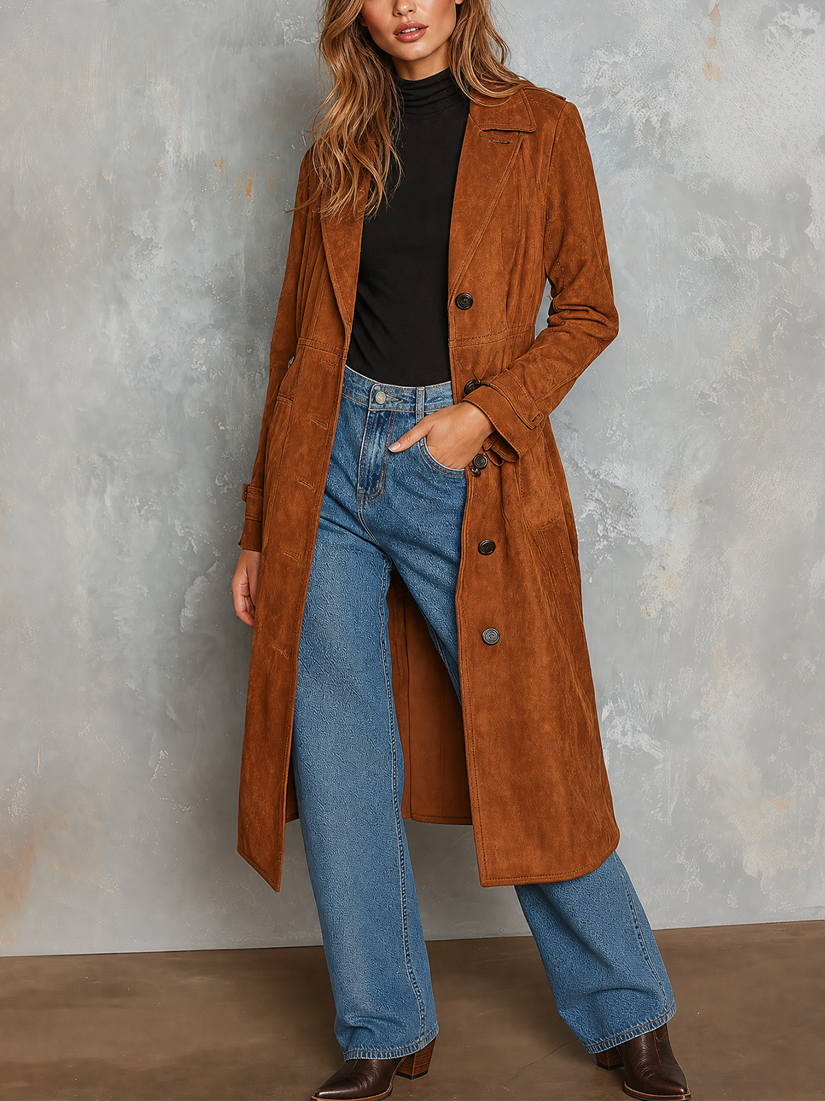ElevenOra Chic Elegant Caramel Notched Lapel Double Breasted Long-Sleeve Loose-Fit Faux Suede Trench Coat