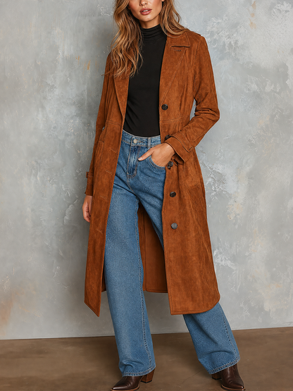 ElevenOra Chic Elegant Caramel Notched Lapel Double Breasted Long-Sleeve Loose-Fit Faux Suede Trench Coat
