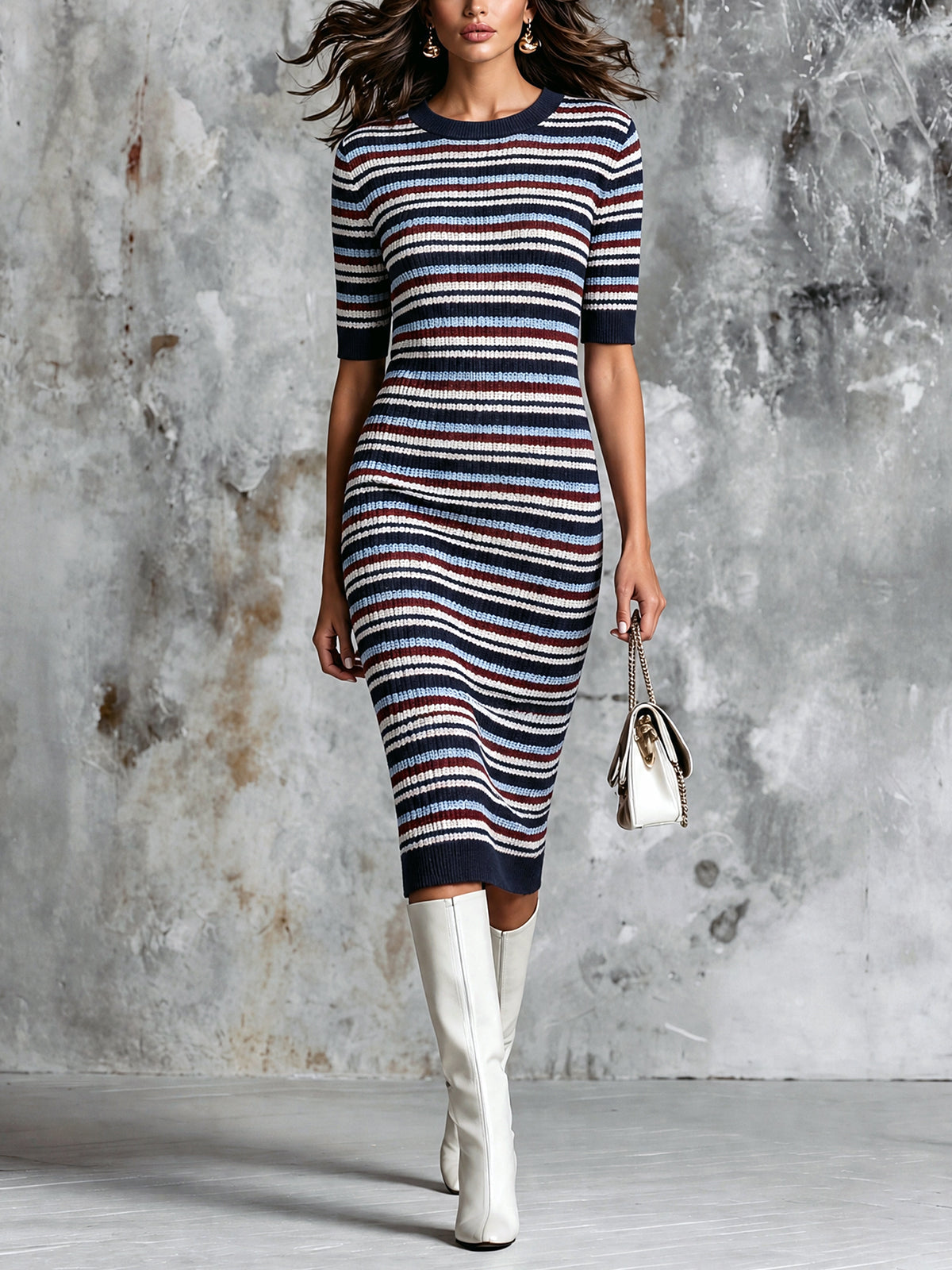 ElevenOra Chic Elegant Navy Blue-Brugundy-White Stripes Round-Neck Half-Sleeve Slim-Fit Wool Blend Knit Midi Dress