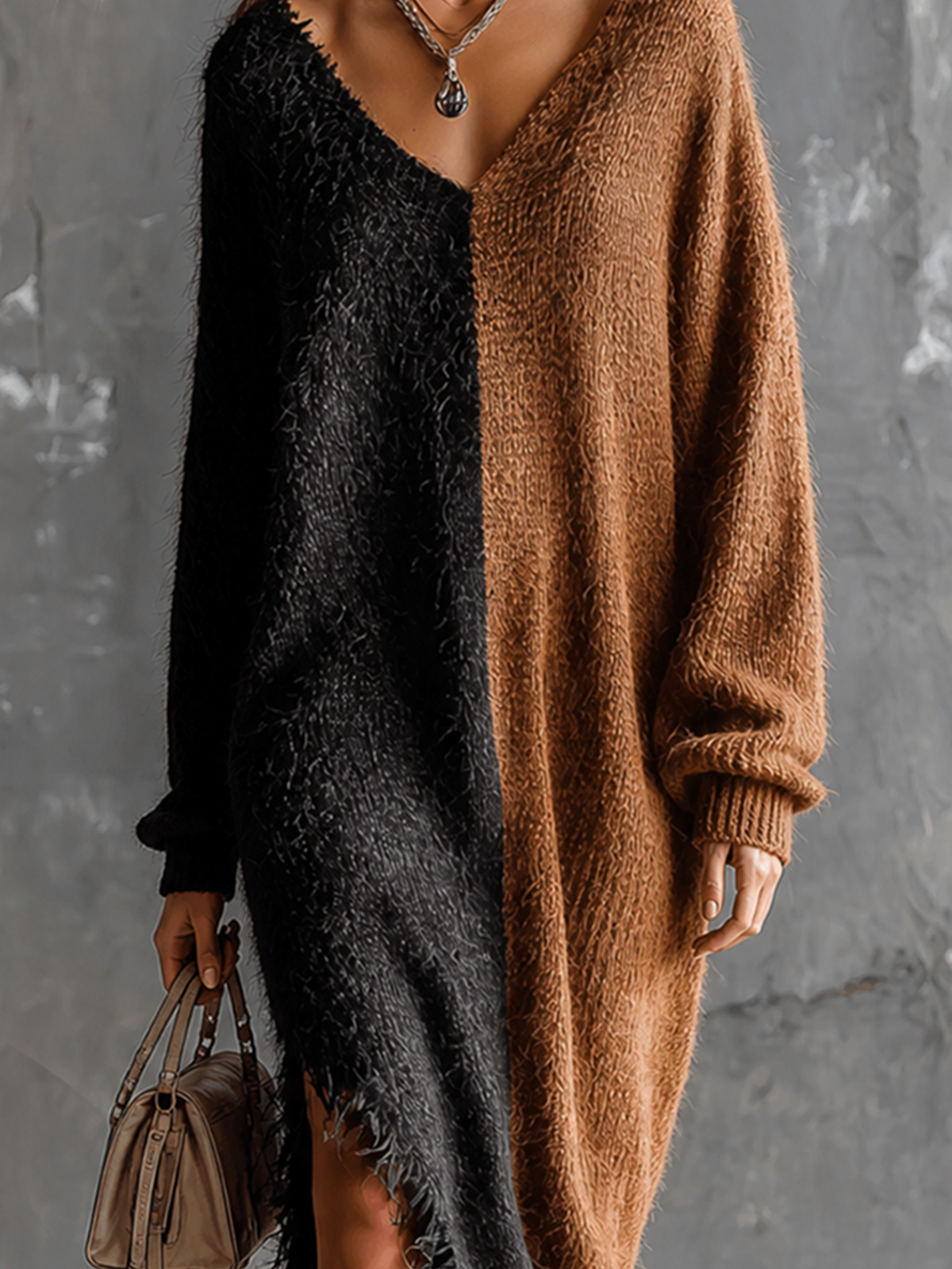 ElevenOra Chic Elegant Black-Brown Colorblock V-Neck Long-Sleeve Fringe Hem Loose-Fit Side Slit Knit Maxi Dress