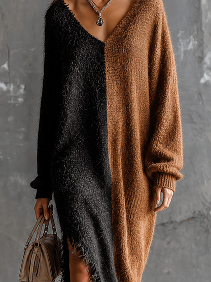 ElevenOra Chic Elegant Black-Brown Colorblock V-Neck Long-Sleeve Fringe Hem Loose-Fit Side Slit Knit Maxi Dress