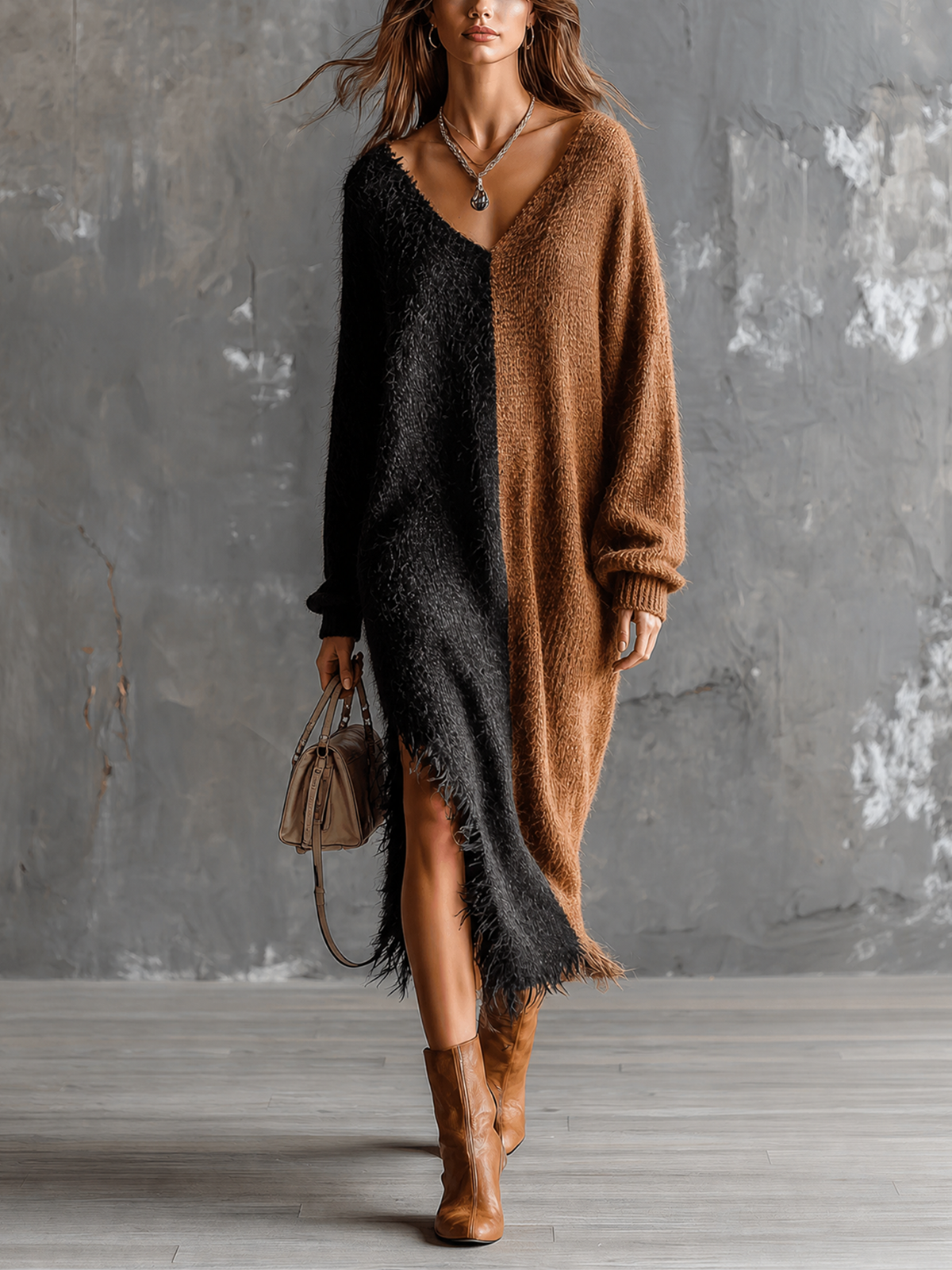 ElevenOra Chic Elegant Black-Brown Colorblock V-Neck Long-Sleeve Fringe Hem Loose-Fit Side Slit Knit Maxi Dress