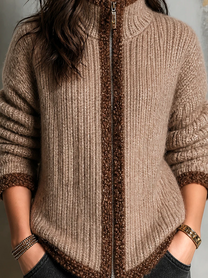 ElevenOra Chic Elegant Camel Stand Collar Zip‑Up Contrast Sherpa Trim Long-Sleeve Loose-Fit Knit Cardigan Top