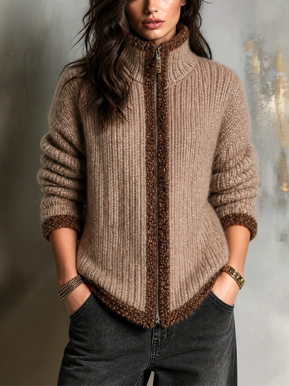 ElevenOra Chic Elegant Camel Stand Collar Zip‑Up Contrast Sherpa Trim Long-Sleeve Loose-Fit Knit Cardigan Top
