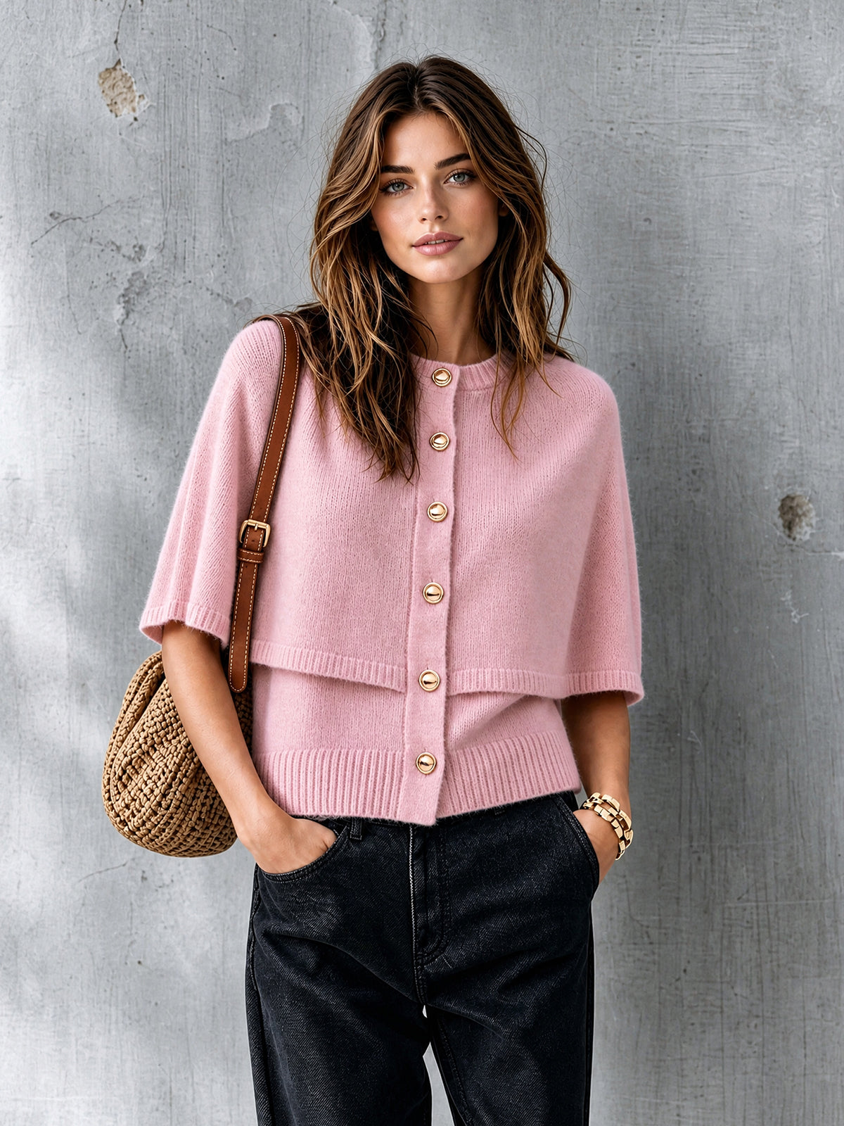 ElevenOra Chic Elegant Pink Round-Neck Cape-Sleeve Single-Breasted Loose-Fit Wool Blend Knit Faux Two-Piece Cardigan