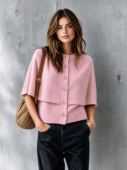 ElevenOra Chic Elegant Pink Round-Neck Cape-Sleeve Single-Breasted Loose-Fit Wool Blend Knit Faux Two-Piece Cardigan
